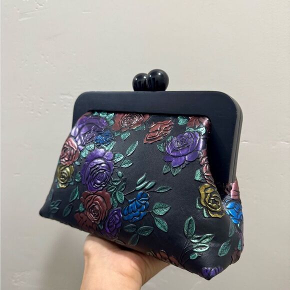 Embossed Rose Genuine Leather Handmade Wooden Frame Clutch/Wristlet /Crossbody - Picture 12 of 16